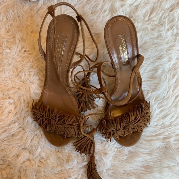 Aquazurra Brown Wild Thing Fringe Sandals Heels - Picture 4 of 14